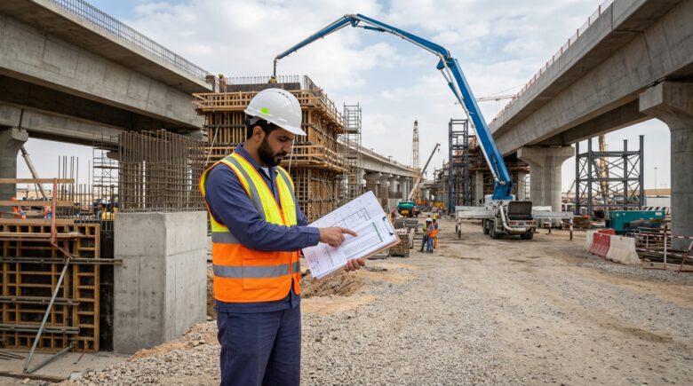 مهندس يراجع حساب كمية خرسانة الجسور في موقع بناء