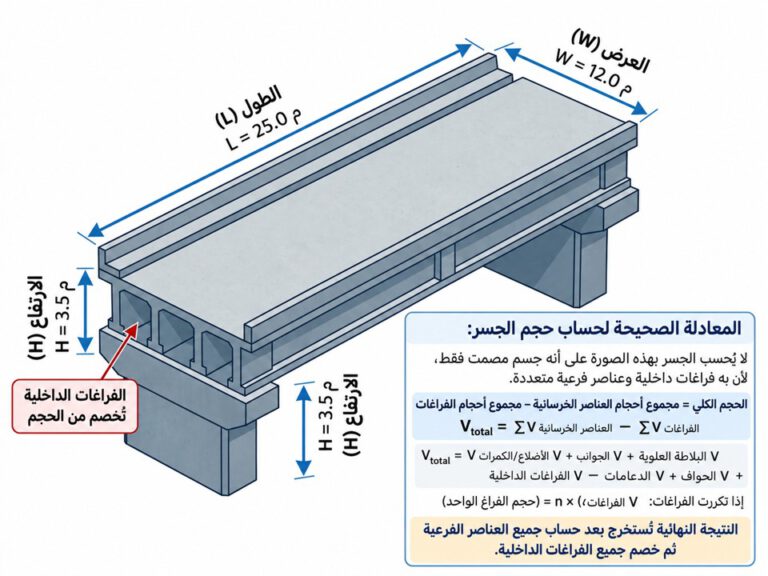 رسم يوضح أبعاد الجسر اللازمة لحساب حجم الخرسانة