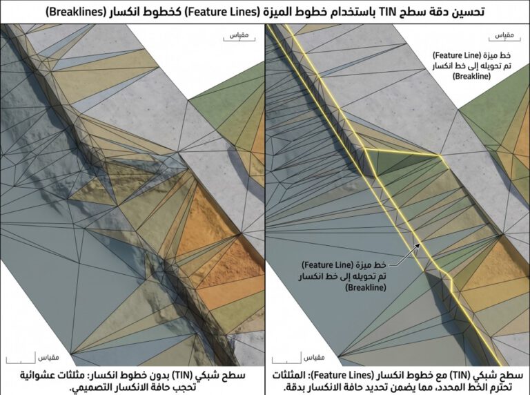 سطح TIN يتبع خط كسر عند حافة رصيف