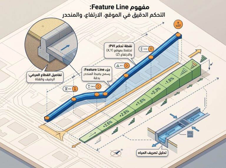 خط معالم ثلاثي الأبعاد يوضح نقاط المناسيب وميل حافة الرصيف