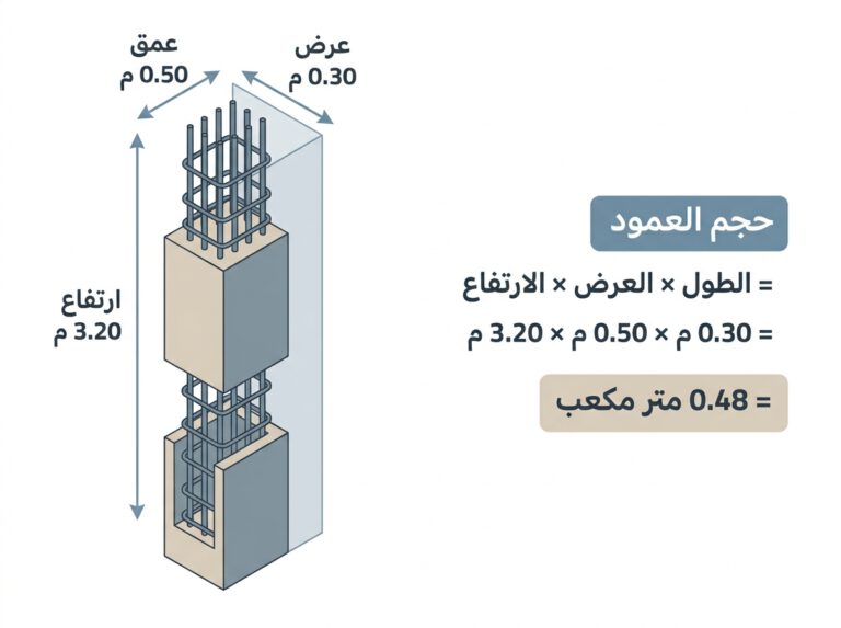 مخطط يوضح معادلة حساب حجم عمود مستطيل بالمتر المكعب